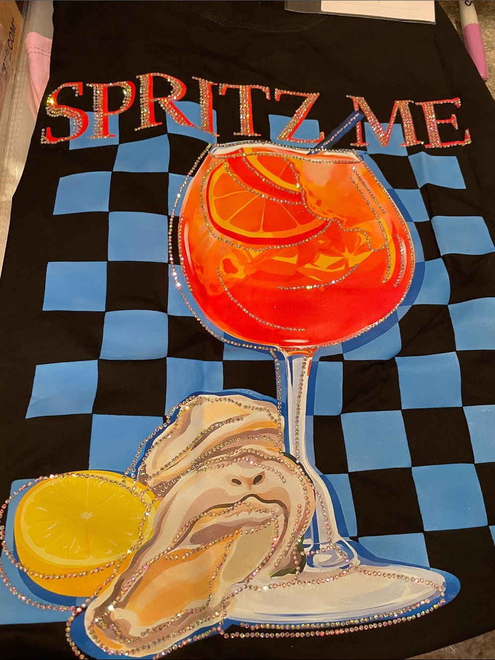 SPRITZ ME Rhinestone Graphic Tee with Citrus & Oyster Motif